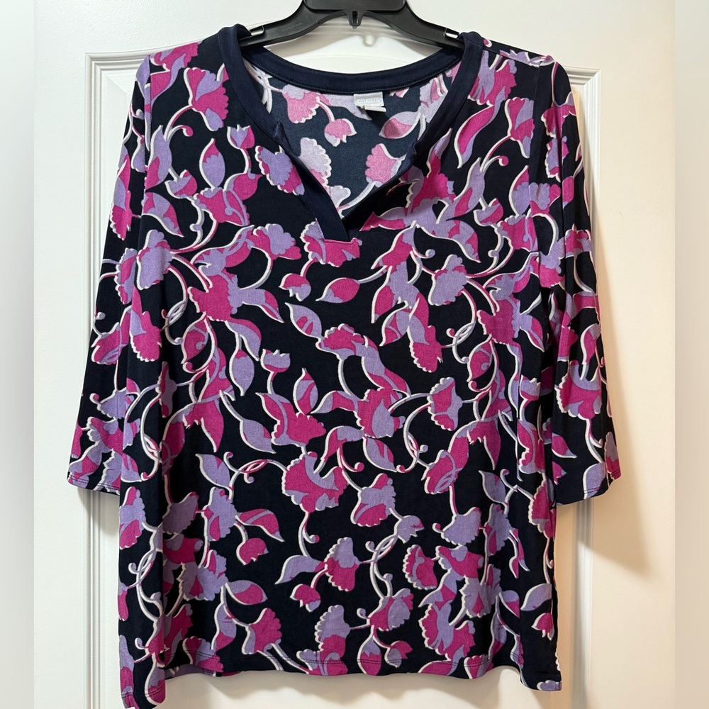 Chico's Navy and Pink Floral Long Sleeve Top